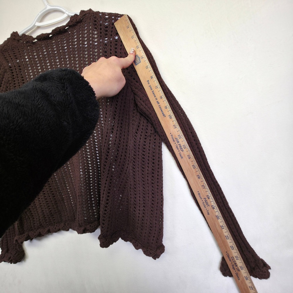 Crochet‎ Knit Cardigan Womens L Brown Open Ruffle Ribbed Layering Lounge Sweater - Picture 13 of 15